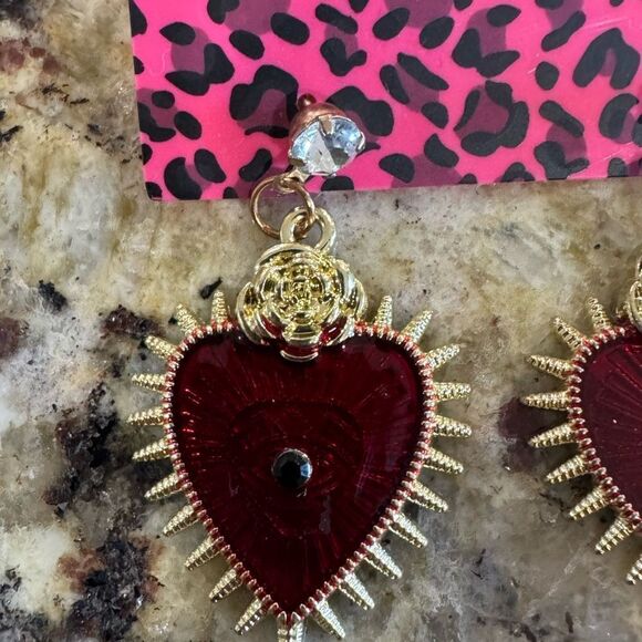 EARRINGS! Betsey Johnson Red and Gold Rose and Heart Spike Earrings BNWT - Picture 4 of 5